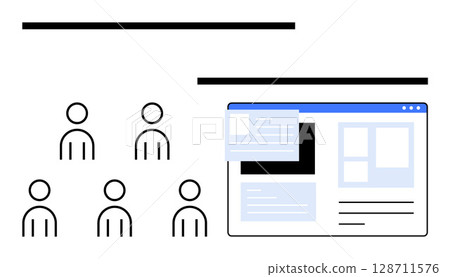 Group of six stick figures next to a browser window containing website elements. Ideal for team collaboration, web design, project planning, digital development, user experience, teamwork, education Group of six stick figures next to a browser window containing website elements. Ideal for team collaboration, web design, project planning, digital development, user experience, teamwork, education 128711576