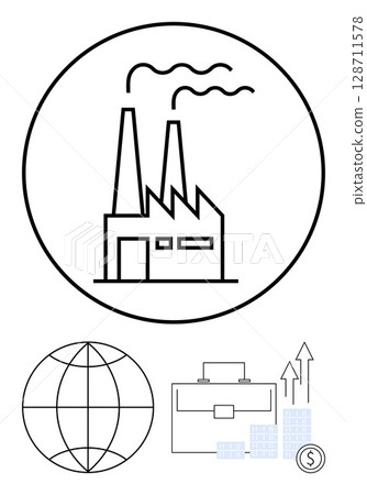 Factory with chimneys, globe, briefcase, bar chart with arrows, and coin in minimalist design. Ideal for business, industry, global trade growth economy finance and investment themes. Line Factory with chimneys, globe, briefcase, bar chart with arrows, and coin in minimalist design. Ideal for business, industry, global trade growth economy finance and investment themes. Line 128711578