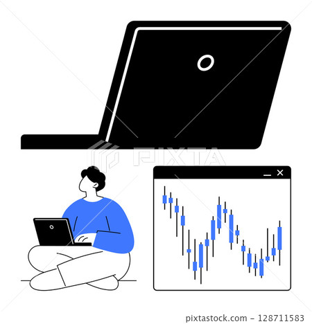 Man sitting cross-legged with laptop, analyzing stock market data large laptop and candlestick chart. Ideal for finance, data analysis, trading, education, presentations, investing, productivity 128711583
