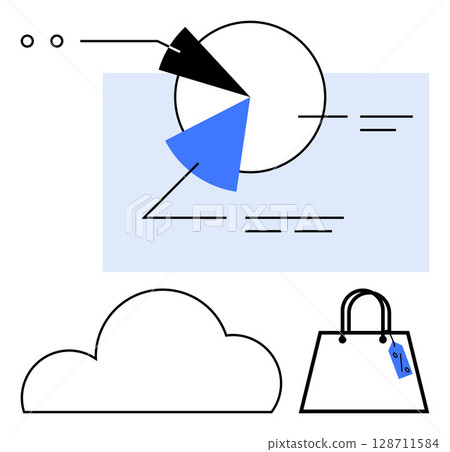 Pie chart with data segments, cloud storage icon, and shopping bag with sale tag. Ideal for data analysis, cloud computing, e-commerce, retail, business strategy, online shopping sales 128711584