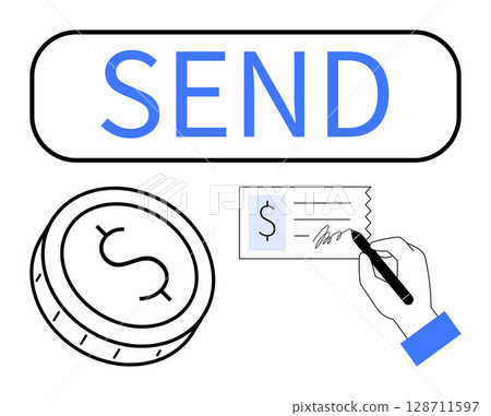 Coin symbol beside a signing hand with a check and large SEND button illustrating different aspects of financial transfers and payments. Ideal for banking, finance apps, online payments Coin symbol beside a signing hand with a check and large SEND button illustrating different aspects of financial transfers and payments. Ideal for banking, finance apps, online payments 128711597