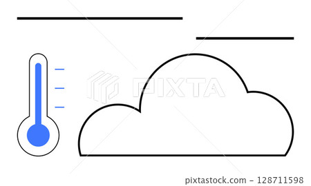 Thermometer showing temperature levels next to a large cloud symbol. Ideal for weather apps, climate reports, educational materials, environmental awareness, meteorology, infographics, and online Thermometer showing temperature levels next to a large cloud symbol. Ideal for weather apps, climate reports, educational materials, environmental awareness, meteorology, infographics, and online 128711598