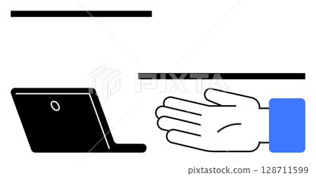 Outstretched hand with blue sleeve reaching towards a black laptop separated by horizontal lines. Ideal for technology, communication, modern work, digital interaction, accessibility, connection 128711599