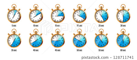 Realistic classic stopwatch. Shiny golden metal chronometer, time counter with dial. Blue countdown timer showing minutes and seconds. Time measurement for sport, start, finish. Vector illustration 128711741