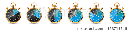 Realistic classic stopwatch. Shiny golden metal chronometer, time counter with dial. Blue countdown timer showing minutes and seconds. Time measurement for sport, start, finish. Vector illustration 128711746