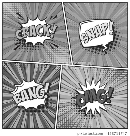 Cartoon comic backgrounds set. Speech bubble. Comics book black and white poster with halftone elements and radial lines. Retro Pop Art style. Vector illustration Cartoon comic backgrounds set. Speech bubble. Comics book black and white poster with halftone elements and radial lines. Retro Pop Art style. Vector illustration 128711747