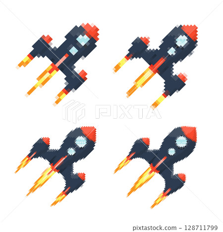Pixel art rocket with fiery trails, retro games, space-themed designs, apps, or animations. 8-bit style for technology, sci-fi, and futuristic creative projects. Vector illustration 128711799