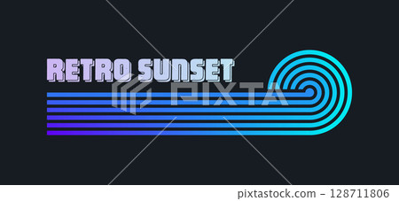 Vintage colorful sunset. Various gradient striped sunrise badges in 80s and 90s style. Sun and ocean view, summer vibes, surfing. Design element for print, logo or t-shirt. Vector illustration 128711806