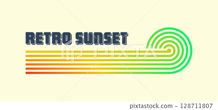 Vintage colorful sunset. Various gradient striped sunrise badges in 80s and 90s style. Sun and ocean view, summer vibes, surfing. Design element for print, logo or t-shirt. Vector illustration Vintage colorful sunset. Various gradient striped sunrise badges in 80s and 90s style. Sun and ocean view, summer vibes, surfing. Design element for print, logo or t-shirt. Vector illustration 128711807
