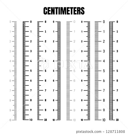 Vertical centimeter scale for measuring length or height. Various measurement scales with divisions. Ruler, tape measure marks, size indicators. Vector illustration 128711808