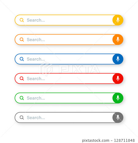 Various search bar templates. Internet browser engine with search box, address bar and text field. UI design, website interface element with web icons and push button. Vector illustration 128711848