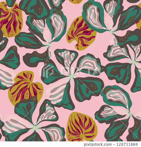 seamless pattern with tropical plants and flowers 128711869