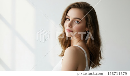 Portrait of a beautiful young woman with wavy hair looking back over her shoulder by a window 128711879