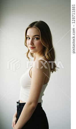 Portrait of a beautiful young woman with a gentle smile and natural look on a white background 128711881