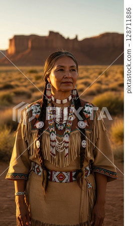 Portrait of a woman in traditional clothing in the desert at sunset in Monument Valley 128711886