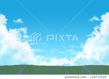 藍天、白雲和草地背景插畫風景 128712029