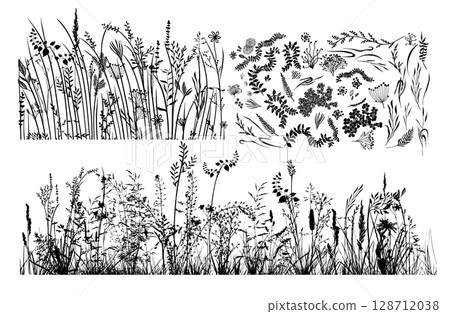 Set of horizontal banners of meadow silhouettes with grass. hand drawn. Not AI, Vector illustration Set of horizontal banners of meadow silhouettes with grass. hand drawn. Not AI, Vector illustration 128712038