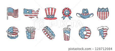 American culture hand drawn icon collection. 4th of july independence day. Set 1 of 3. Vector illustration. American culture hand drawn icon collection. 4th of july independence day. Set 1 of 3. Vector illustration. 128712084