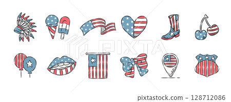 American culture hand drawn icon collection. 4th of july independence day. Set 3 of 3. Vector illustration. 128712086