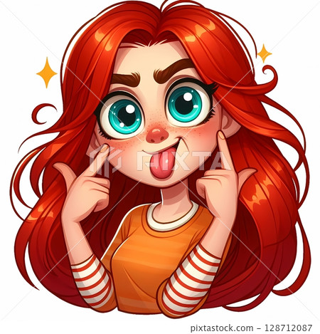 Playful Red-Haired Cartoon Girl Making a Funny Face, Isolated on White. perfect for stickers 128712087