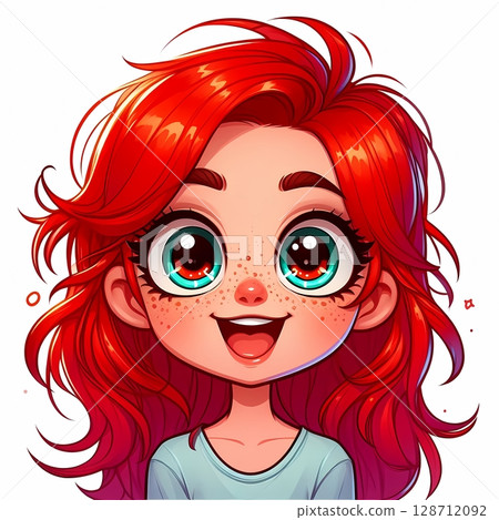 Playful Red-Haired Cartoon Girl Making a Funny Face, Isolated on White. perfect for stickers 128712092