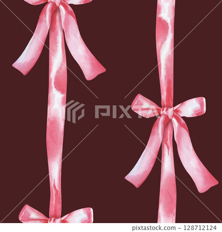 Vertical seamless pattern with pink ribbons and bows on a dark burgundy background. Watercolor illustration. Seamless background for wallpapers, packaging, fabrics, textiles, stickers, cards, posters Vertical seamless pattern with pink ribbons and bows on a dark burgundy background. Watercolor illustration. Seamless background for wallpapers, packaging, fabrics, textiles, stickers, cards, posters 128712124