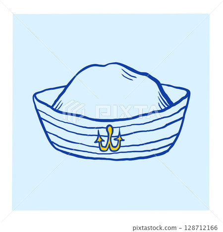 Fisherman themed square postcard with sailor hat in quirky doodle marine style. Fun gift or decor, poster, printable. Vector doodle in hand drawn nautical style. 128712166