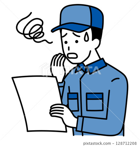 A man in overalls looking at a document and feeling confused 128712208
