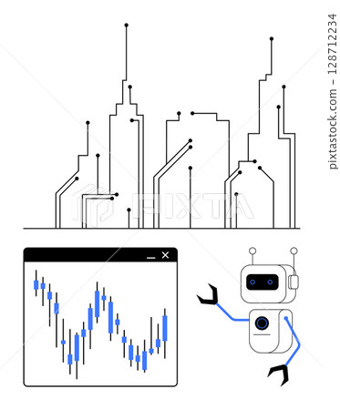 Robot with expressive face and mechanical arms pointing at fluctuating financial graph. Smart city skyline with connected nodes. Ideal for AI, data analysis, technology, finance, future trends, smart 128712234