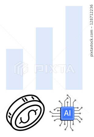 Bar chart representing data growth, digital coin symbolizing finances, and AI chip symbolizing artificial intelligence. Ideal for technology, finance, growth, analytics, innovation, digital economy 128712236