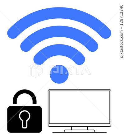 wireless signal, computer monitor, black padlock icon. Ideal for internet security, online privacy, network protection, cybersecurity awareness, digital safety secure browsing. Line metaphor 128712240