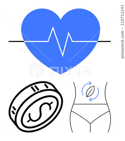 Blue heart with heartbeat line, coin with dollar sign, outline of torso with arrows at waist. Ideal for health, fitness, finance, weight loss, health monitoring wellness diet. Line metaphor 128712241