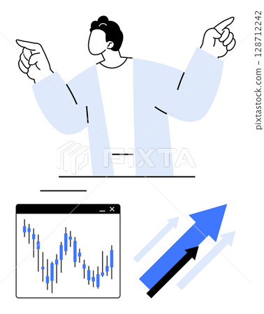 Person gesturing upwards with both hands, stock market chart showing upward trends, arrows representing growth. Ideal for business presentations, finance, stock market analysis, economic growth 128712242