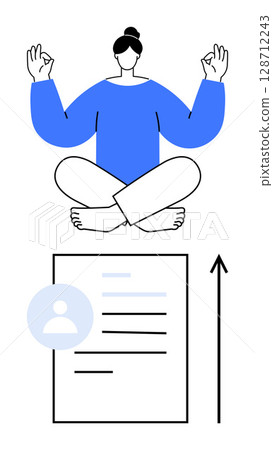 Person meditating in lotus position above a resume with upward arrow. Ideal for stress reduction, career growth, productivity, focus, balance, mindfulness, personal development. Line metaphor Person meditating in lotus position above a resume with upward arrow. Ideal for stress reduction, career growth, productivity, focus, balance, mindfulness, personal development. Line metaphor 128712243