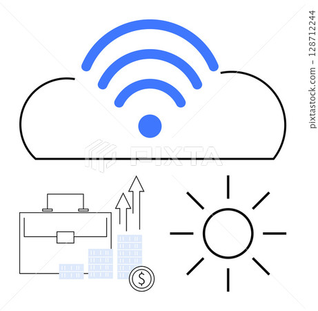 Cloud with wireless symbol, briefcase, dollar coin with graphs of rising arrows, and sun. Ideal for technology, business growth, finance, renewable energy, digital transformation economic progress 128712244