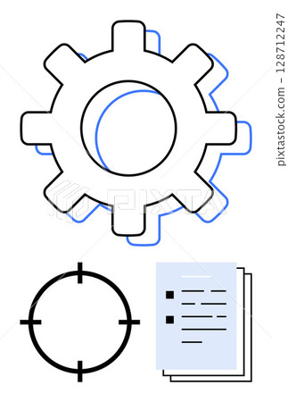 Gear icon, focus target, and document stack symbolizing mechanical efficiency, precision targeting, and organized documentation. Ideal for business processes, productivity, project planning 128712247