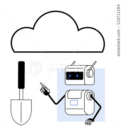 Robot pointing upward at large cloud. Garden trowel with black handle nearby. Ideal for technology, gardening, AI, cloud computing, robotics, horticulture, digital farming. Line metaphor Robot pointing upward at large cloud. Garden trowel with black handle nearby. Ideal for technology, gardening, AI, cloud computing, robotics, horticulture, digital farming. Line metaphor 128712264
