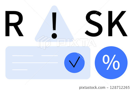 R, triangle with exclamation mark, S, K, text box with checkmark, and percentage sign. Ideal for financial planning, investment analysis, hazard assessment business strategy insurance evaluations 128712265