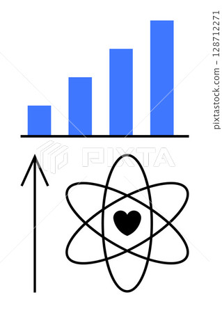 Bar graph with upward arrow showing increase, atomic symbol with heart at center. Ideal for business growth, scientific progress, love of knowledge, motivation, success, innovation development. Line Bar graph with upward arrow showing increase, atomic symbol with heart at center. Ideal for business growth, scientific progress, love of knowledge, motivation, success, innovation development. Line 128712271