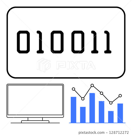 Binary code 010011 displayed above a computer monitor and a rising bar graph with trend line. Ideal for data science, technology, coding, digital analysis, software development, computer science Binary code 010011 displayed above a computer monitor and a rising bar graph with trend line. Ideal for data science, technology, coding, digital analysis, software development, computer science 128712272
