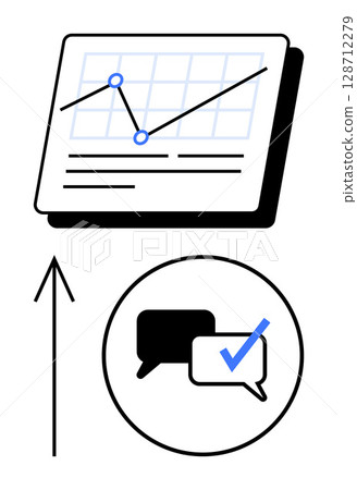Graph with upward arrow indicates growth chat bubbles with checkmark imply communication and validation. Ideal for business analytics, feedback, progress, metrics, strategy, teamwork. Line metaphor Graph with upward arrow indicates growth chat bubbles with checkmark imply communication and validation. Ideal for business analytics, feedback, progress, metrics, strategy, teamwork. Line metaphor 128712279