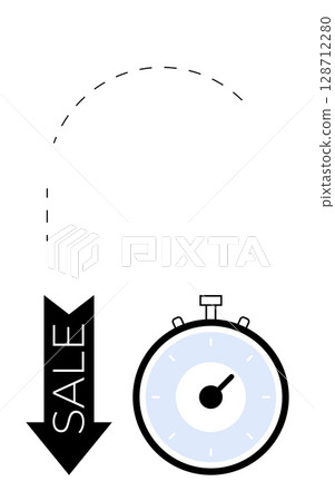 Downward arrow labeled SALE next to a stopwatch signifies urgency. Ideal for promotions, discounts, limited offers, urgency, marketing, sales strategies, deadlines. Line metaphor Downward arrow labeled SALE next to a stopwatch signifies urgency. Ideal for promotions, discounts, limited offers, urgency, marketing, sales strategies, deadlines. Line metaphor 128712280