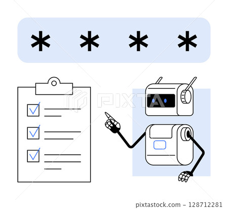 Adorable robot holds a clipboard with a checklist under a password field. Ideal for technology, security, automation, organization, productivity, future, AI themes. Line metaphor Adorable robot holds a clipboard with a checklist under a password field. Ideal for technology, security, automation, organization, productivity, future, AI themes. Line metaphor 128712281