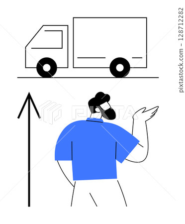 Driver pointing at delivery truck above, indicating upward or forward movement. Ideal for delivery services, logistics, transportation, shipping, driver recruitment, packaging and supply chain. Line 128712282