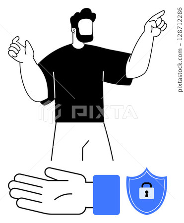 Figure of a man pointing raises attention and signaling, with a gesturing hand and shield with lock symbol embodies security. Ideal for communication, guidance, security, protection, assistance Figure of a man pointing raises attention and signaling, with a gesturing hand and shield with lock symbol embodies security. Ideal for communication, guidance, security, protection, assistance 128712286