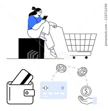 Woman holding smartphone beside shopping cart, wallet with credit card, coins, and hands highlighting digital transactions. Ideal for online shopping, e-commerce, fintech, mobile payments, financial Woman holding smartphone beside shopping cart, wallet with credit card, coins, and hands highlighting digital transactions. Ideal for online shopping, e-commerce, fintech, mobile payments, financial 128712290