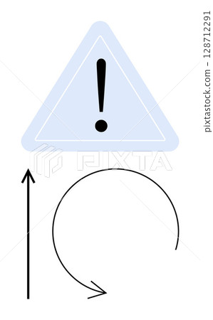 Triangular warning sign exclamation point circular arrow. Ideal for caution, alertness, process repetition, safety, hazard indication, warnings, attention. Line metaphor 128712291