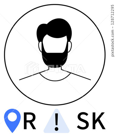 Minimalistic avatar of a bearded man in a circle with blue location marker and exclamation mark warning symbol spelling RISK. Ideal for risk management, security, safety, assessment, evaluation 128712295