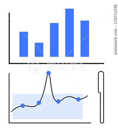 Bar chart with four ascending columns and line graph with connected dots show data progression. Ideal for business analysis, statistics, financial growth, research presentations, data comparison 128712296