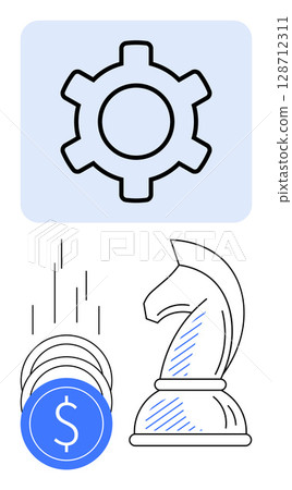 Gear symbol above falling coins and a chess knight. Ideal for business strategy, financial planning, optimization, management, investment, technology integration, economic analysis. Line metaphor 128712311